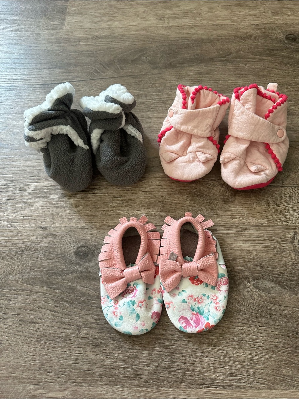 3-Pair Baby Bootie Bundle - Pink, Gray, Floral
